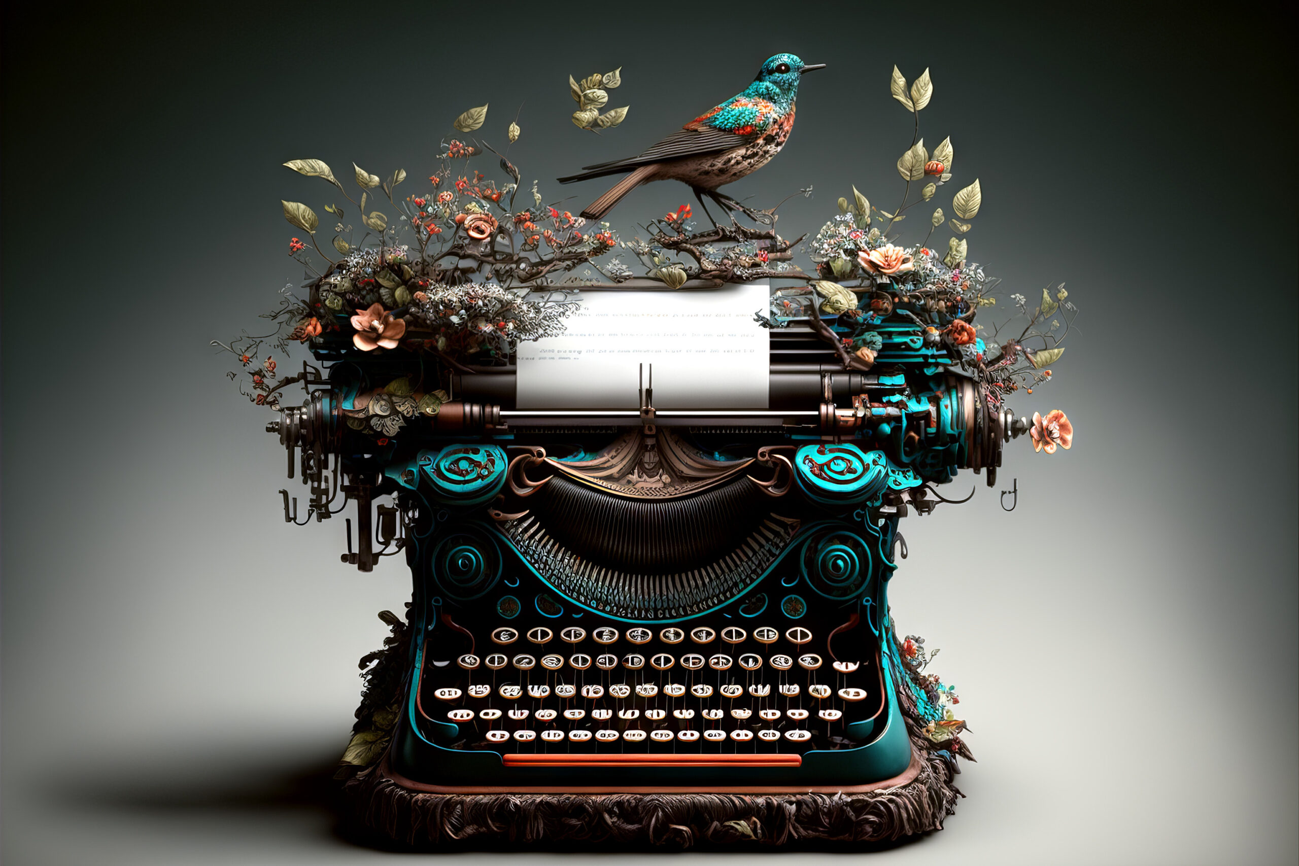 type writer with butterflies and flowers