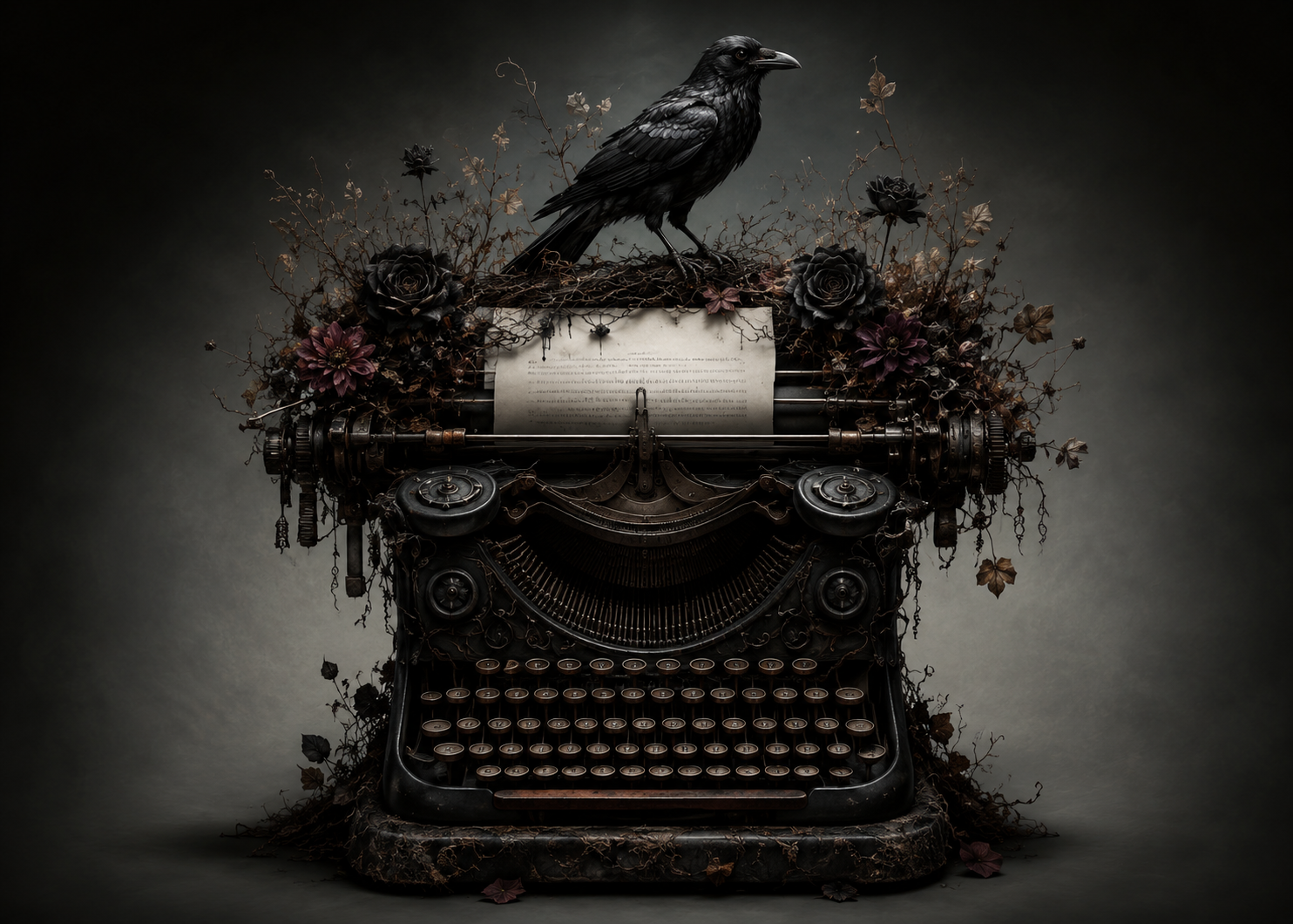 dark-poetry type writer with butterflies and flowers